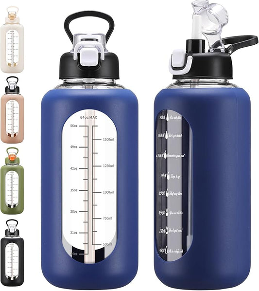 64 oz Glass Water Bolttles with Straw Half Gallon Large Motivational Water Bottle with Time Marker Sports Water Bottles with Silicone Sleeve and Handle Lid Water Jug for Gym Workout