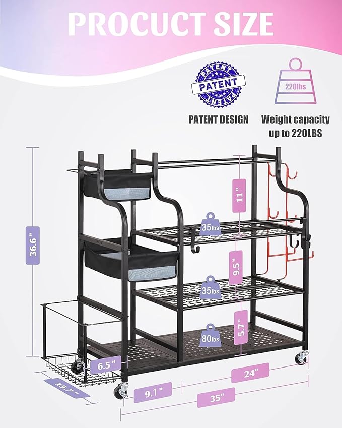 Mythinglogic Weight Rack for Dumbbells, Home Gym Storage for Yoga Mat Dumbbells Kettlebells and Strength Training Equipment, Dumbbell Rack with Wheels and Hanging Hooks
