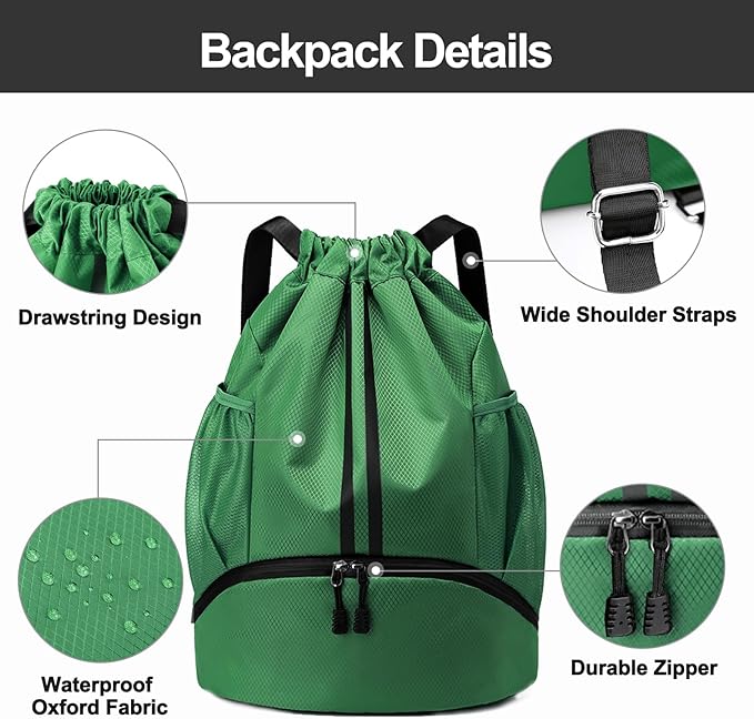 Hoedia Sports Drawstring Backpack - String Swim Gym Bag with Shoes Compartment and Wet Proof Pocket for Women/Men (Dark Green)