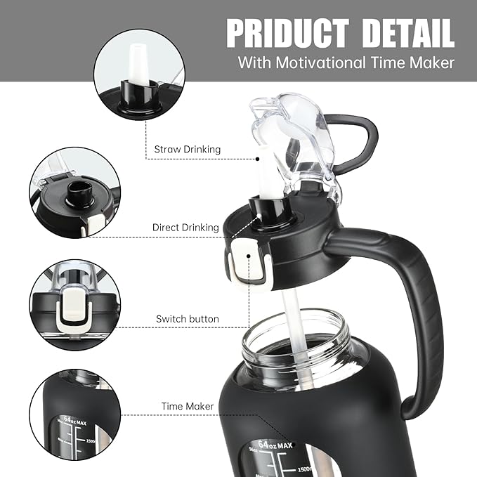 64 oz Glass Water Bottle with Straw and Handle Half Gallon Water Jug with Silicone Sleeve Large Water Bottle for Office, Gym, Outdoor Sports