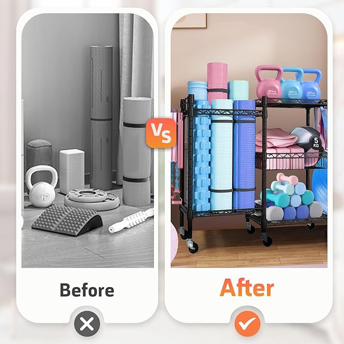 Dumbbell Rack, Home Gym Storage with Locking Wheels & 4 Hooks, 3 Tier Adjustable Workout Equipment Storage for Yoga Mat, Foam Roller, Dumbbell, Kettlebell, Fitness Ball and Resistance Band