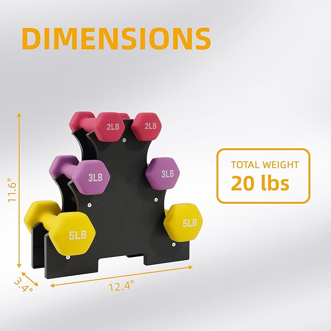 Colored Neoprene Dumbbell Set with Rack, Multiple Weight Options, 20LBS, 32LBS, 50LBS and 56LBS Sets