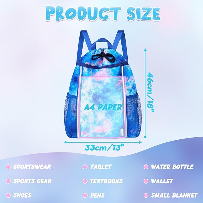 WAWSAM Kids Gym Drawstring Backpack String Bag, Tie Dyed Sports Gym Bag for Kids Girls Waterproof Swimming Beach String Cinch Backpack with Two Water Bottle Pocket