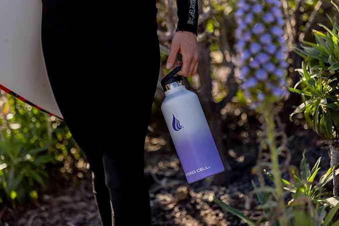 HYDRO CELL Stainless Steel Water Bottle with Straw & 2 Standard Mouth Lids (32oz 24oz 20oz 16oz) Keeps Liquids Hot or Cold w/Double Wall Vacuum Insulated Leak Proof Sport Design (Lavender/White 32oz)