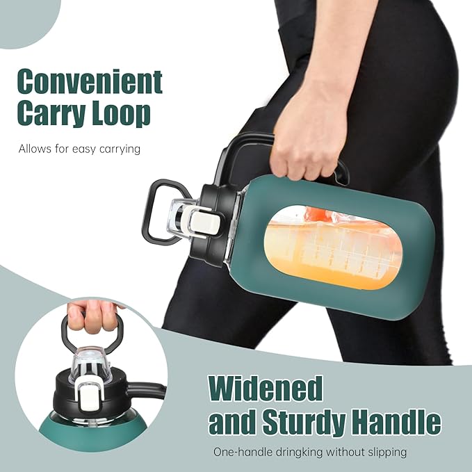 64 oz Glass Water Bottle with Straw and Handle Half Gallon Water Jug with Silicone Sleeve Large Water Bottle for Office, Gym, Outdoor Sports