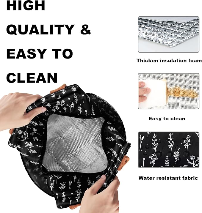 Joymee Lunch Bag Women Insulated Lunch Box Reusable Leakproof Large Cooler Tote for Womens Mens Adults with Bottle Holder and Side Pockets for Work Office Picnic - White Little Flowers