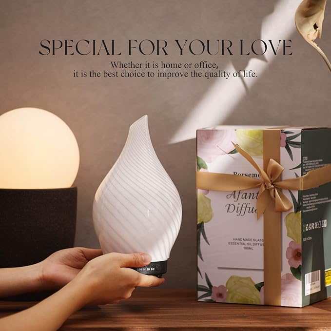 Porseme 150ml Essential Oil Diffuser Glass Color Changing Aroma Air Diffusers Aromatherapy Ultrasonic Cool Mist Humidifier 6 Running Hours Waterless Auto-Off for Sleeping Yoga Office Spa (Pure White)