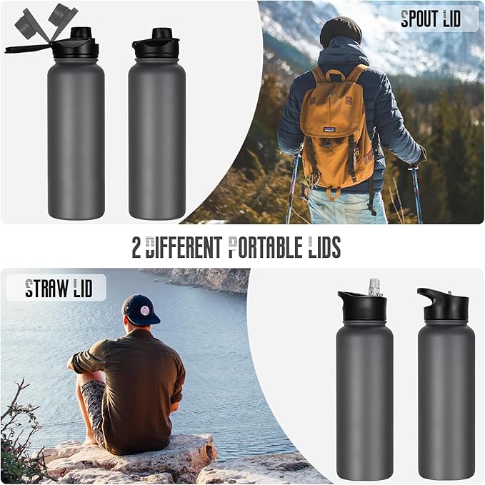 40 oz Insulated Water Bottle with Straw, Stainless Steel Sports Water Bottles with 2 Lids (Straw and Wide Mouth lid), Double Wall Vacuum, Leakproof, BPA-Free, Gray