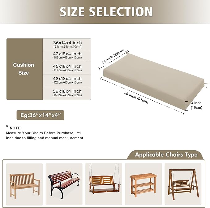 Outdoor Bench Cushion Waterproof 36"x14", Fade-Resistant Patio Furniture Replacement Pad with Ties - Also Fits Indoor Entryway Bench or Window Seat, Cream