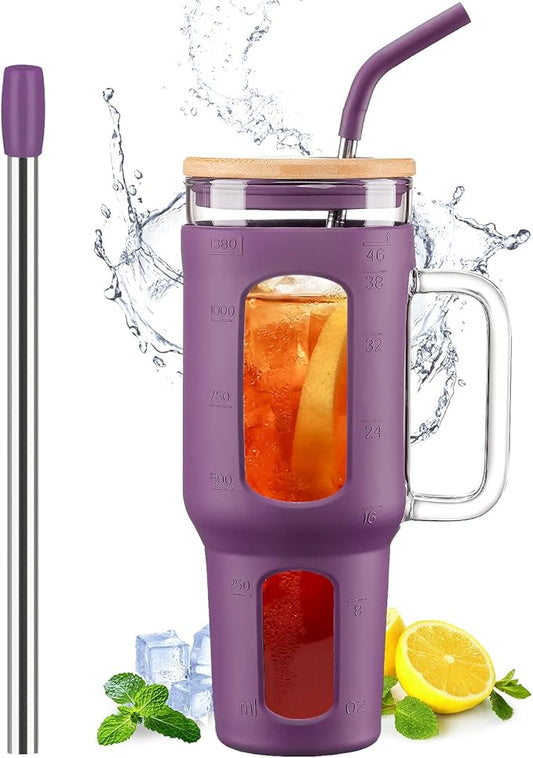 Glass Tumbler with Lid and Straw, 46 oz Iced Coffee Cup with Handle, Glass Water Bottles with Silicone Sleeve, BPA Free-Dark Purple