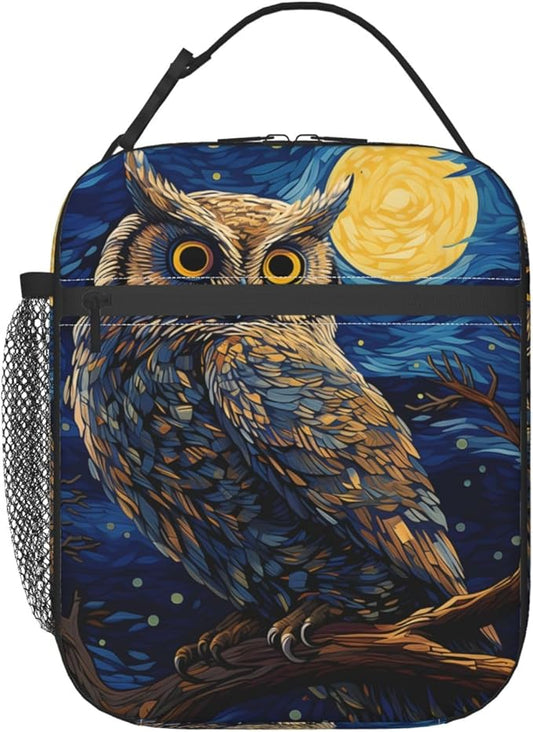 Cool Owl Lunch Box for Kids,Bird Insulated Bag for Student,Animal Reusable Thermal Insulation Cooler Tote Bags for School Work Picnic Camping Outdoor Gifts (Blue Starry Sky Painting Owl)