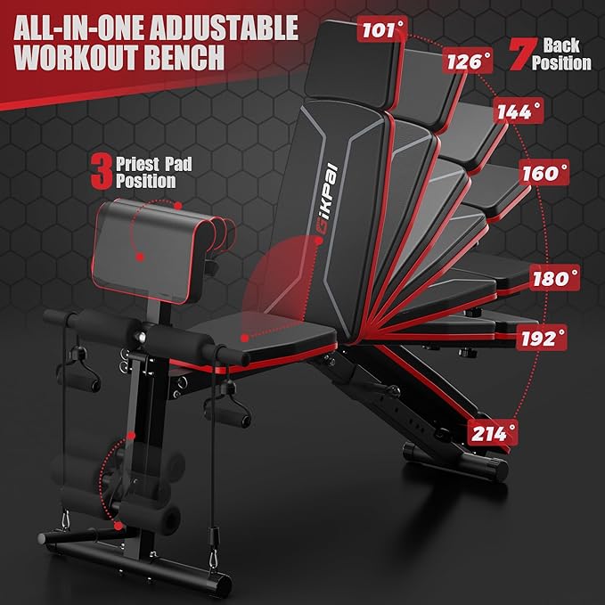 GIKPAL Adjustable Weight Bench - Workout Bench Press for Home Gym, Foldable Incline Decline Sit up Exercise Bench for Full Body Strength Training w/Leg Extension and Preacher Pad