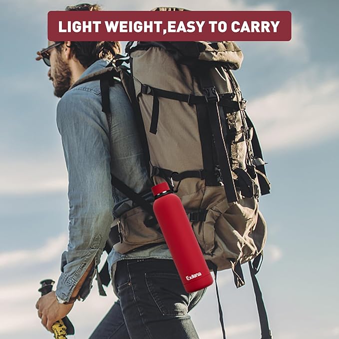 Slim Insulated Water Bottles for Travel 32oz with Clip, Double Wall Vacuum Stainless Steel Water Bottle Keeps Drinks Cold 24 Hrs/Hot 12 Hrs, 100% Leakproof, BPA Free（Red）