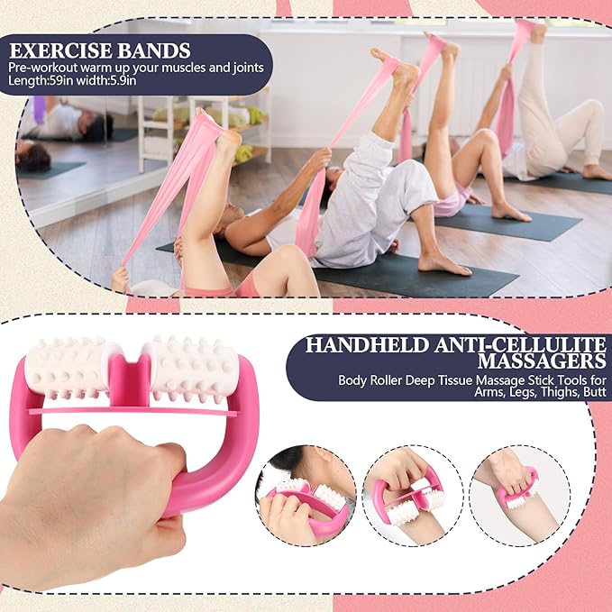 5 Pack Yoga Wheel Set Back Stretcher Wheel for Deep Tissue Massage Foam Roller for Back Pain Relief & Stretching, Trigger Point Therapy Ball, Resistance Loop Exercise Bands, Massage Roller