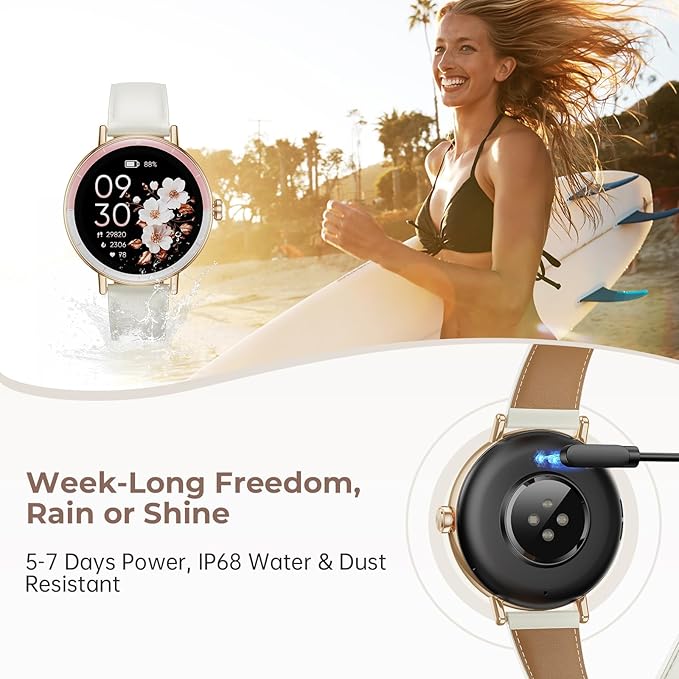 Smart Watches for Women, 1.27'' HD Round Ladies Fitness Trackers with Heart Rate/SpO2 Monitor Sleep/Calorie/Step Tracker 100+ Sports Modes IP68 Waterproof for Android/iOS, Rose Gold/Off White