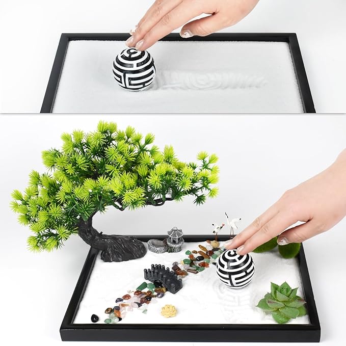 Artcome Japanese Zen Sand Garden for Desk - Home, Office Desk Accessories - Crafted Meditation Therapy Rectangle Tray - Mindful Relaxation and Meditation Tool for Stress Relief - Meditation Gift Set