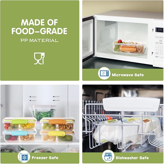 4 Pack Plastic Snack Containers with Lids, 2 Compartment Food Container for Kids Snack Box, Travel Bento Lunch Containers with forks for Fruits/Candies, Divided Food Storage Containers for School