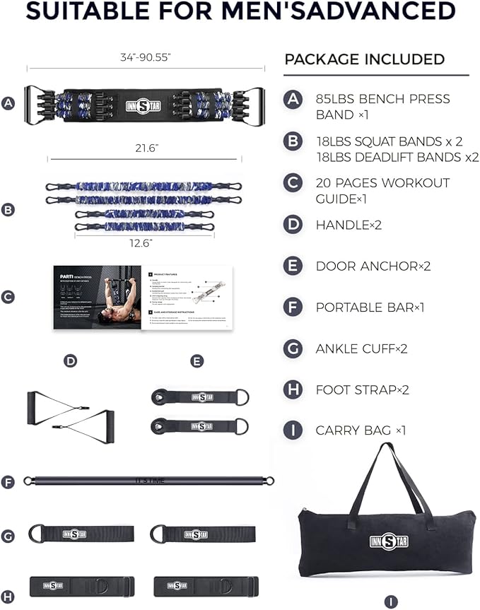 INNSTAR Resistance Bands Bar Exercise Bands Attachment 38" Black Max Load 800lb for Home Gym Workout Full Body Workout Power Lifting Fitness Bar