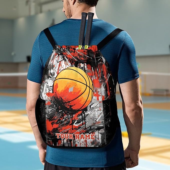 Custom Basketball Drawstring Backpack - Cool Cinch Sack, String Backpacks with Pocket for Kids Women Men Boys Girls for Gym Outdoor Sports Travel Athletic Drawstring Bag - Lightweight/Foldable