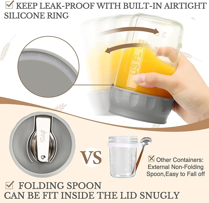 SOLIGT 4 Pack Overnight Oats Containers with Lids, Folding Spoons and Divided Compartments for Fruit & Nuts, Small Glass 16oz Mason Jars for Oatmeal Yogurt Parfait