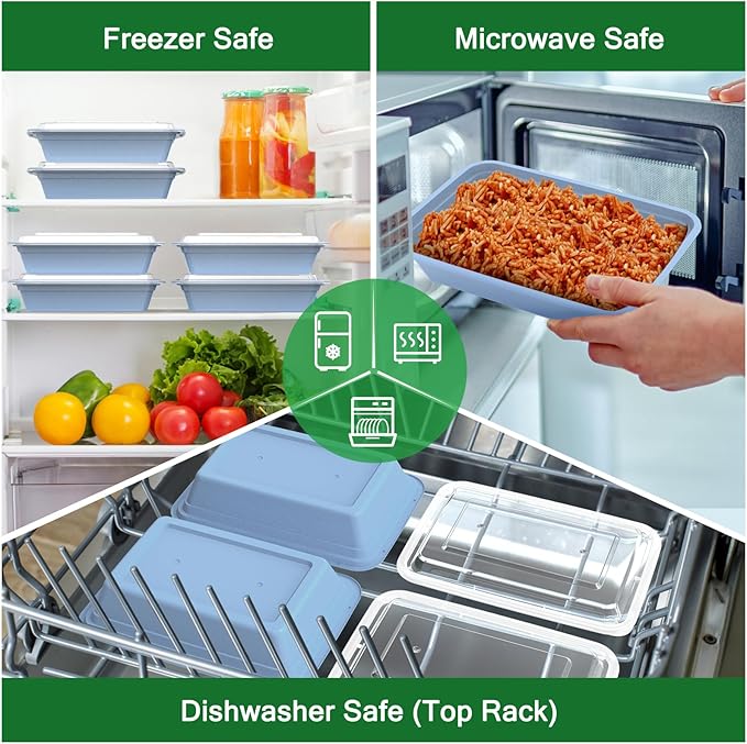 50 Pack (100-Piece) 32 oz Meal Prep Containers Reusable with Easy Open Lids, Sturdy Leakproof Food Safe, Microwave Freezer Dishwasher Safe, To Go Take Out Plastic Food Storage Pans with Lids, Blue