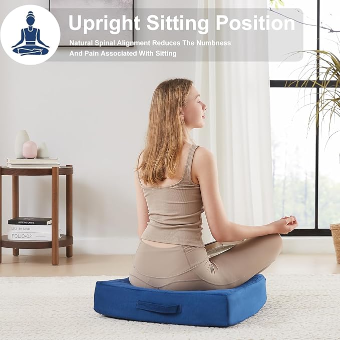 2 Pcs High Density Foam Floor Pillow - Upgraded Large Pillows Seating for Adults - Outdoor Floor Cushion with Soft Tufted Cover - Yoga Pillows for Sitting On Floor - 22 Inch Navy Blue