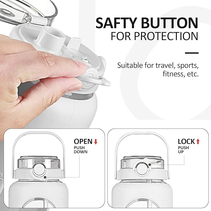 BLUEGO 64oz Glass Water Bottles with Straw Time Marker Half Gallon Large Motivational Water Bottle with Silicone Sleeve 2 Liter Large Glass Water Jug for Gym, Sports& Workout, Daily, White