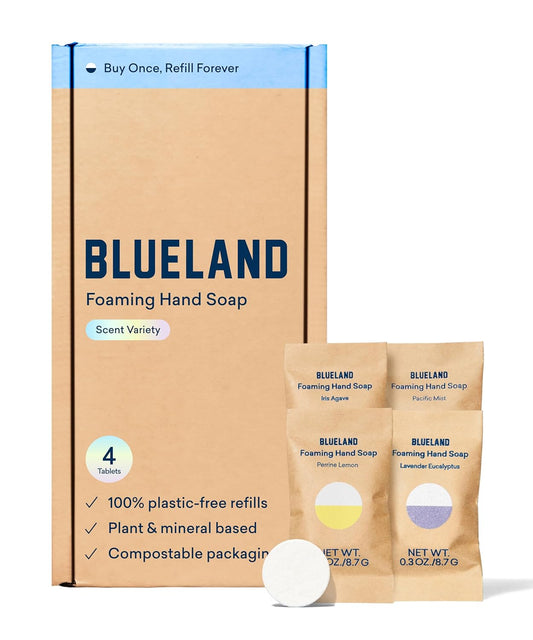 BLUELAND Foaming Hand Soap Refill Tablets, 4-Pack, Variety Pack Scents, Eco Friendly Cleaning Products, 4 x 9 Fl oz