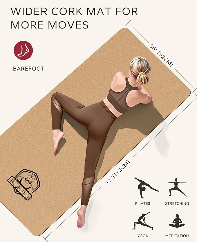 HAPBEAR Large Cork Yoga Mat - 72"x36" Wide Non-Slip for Home Workout, Yoga, Pilates & Stretching - 6mm Cushioned Support - Eco-Friendly & Durable - Bonus Resistance Bands & Carry Bag Included