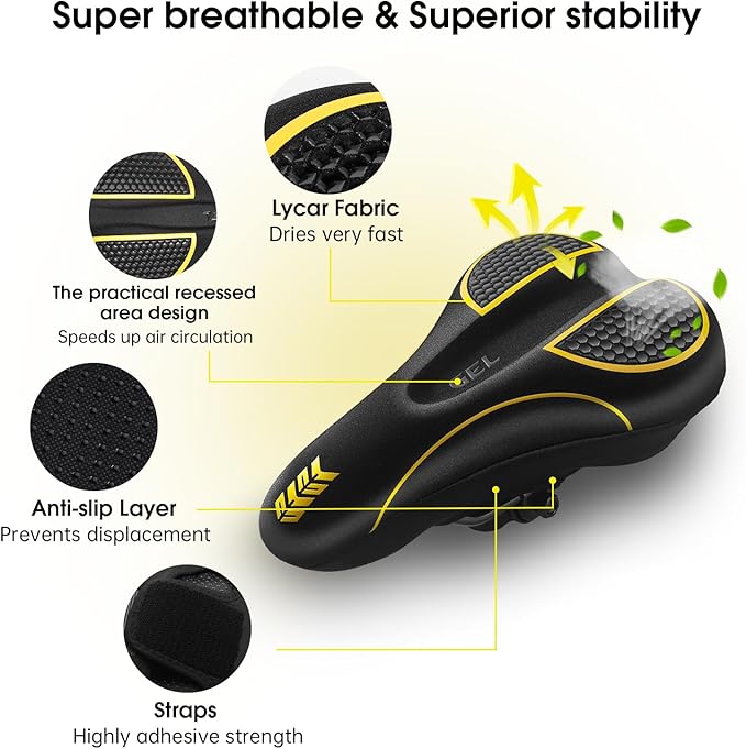 MSDADA Bike Seat Cushion - Gel Bike Seat Cover Padded for Men & Womens Comfort, Soft Bicycle Saddle Compatible with Exercise Spin Stationary Bike, for Indoor and Outdoor Cycling (Yellow)