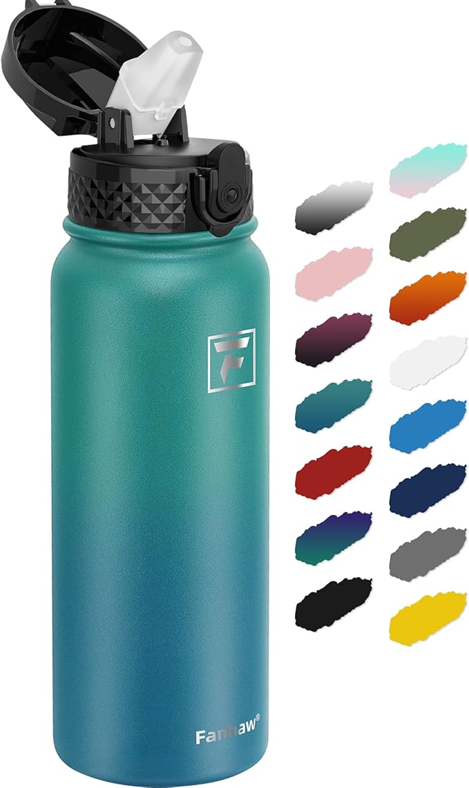 Fanhaw 20 Oz Stainless Steel Insulated Sports Water Bottles with Straw for Kids, Men and Women (Green Blue)