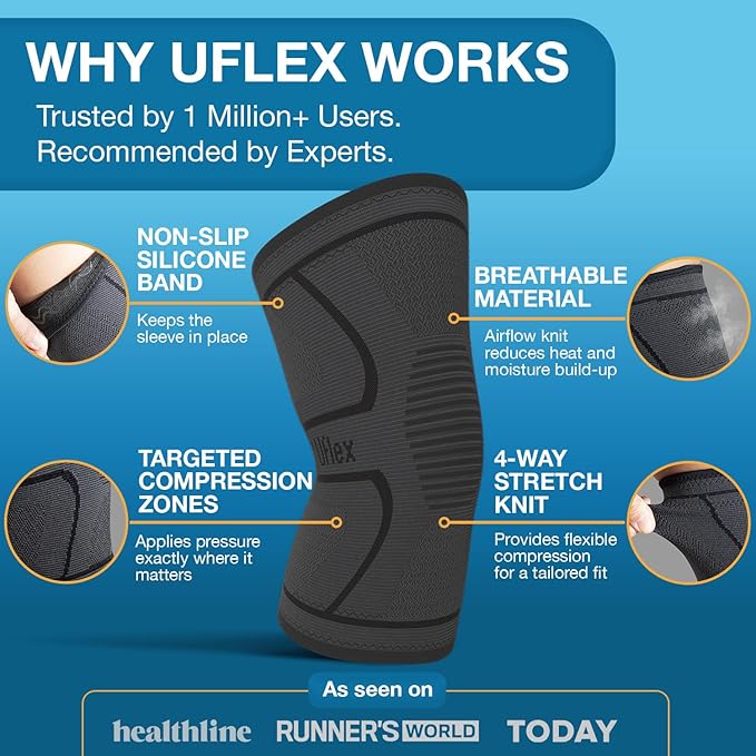 UFlex Athletics Compression Knee Brace for Women & Men Knee Sleeves Support for Sports, Running, Weightlifting, Arthritis, Meniscus Tear, ACL, Hiking, Recovery Support & Fitness