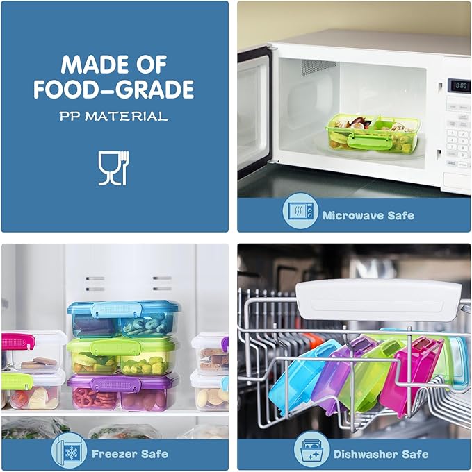 4 Pack Plastic Snack Containers with Lids, 2 Compartment Food Container for Kids Snack Box, Travel Bento Lunch Containers with forks for Fruits/Candies, Divided Food Storage Containers for School