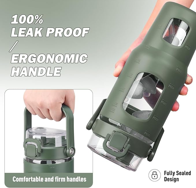 BLUEGO 32oz Glass Water Bottles with Straw Time Marker Half Gallon Large Motivational Water Bottle with Silicone Sleeve 2 Liter Large Glass Water Jug for Gym, Sports& Workout, Daily, 02 Olive