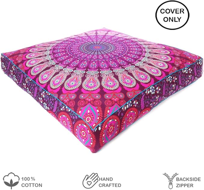 Eyes of India - Mandala Floor Pillow Cover Meditation Cushion Seating Throw Hippie Round Colorful Decorative Bohemian Indian Pouf Ottoman Handmade Cover ONLY (Purple 1, 35" x 35")
