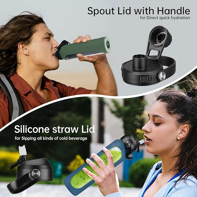 32 oz Glass Water Bottles with 2 Lids-Handle Spout Lid & Straw Lid 1 Liter Motivational Borosilicate Water Bottle with Silicone Sleeve and Time Marker,Leakproof