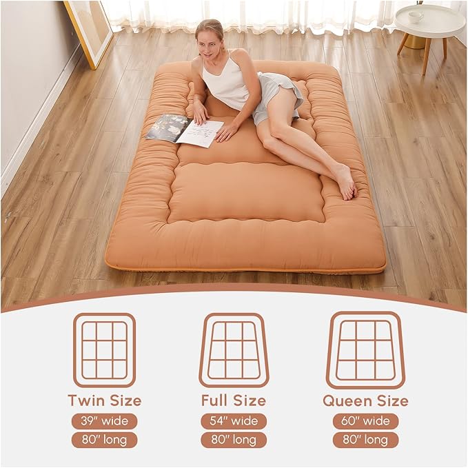 Japanese Floor Mattress, Futon Mattress with Portable Storage Bag and Washable Cover, Roll Up Thick Tatami Mat Suitable for Camping, Guest Room, Light Coffee, Queen