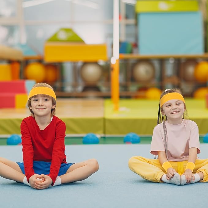 Bememo 36 Pcs Neon Sweatbands Set for Kids Bulk Sports Headband Wristband Set Cotton Terry Basketball Tennis for Students Youth 80s 90s Halloween Costumes Cosplay Glow Party