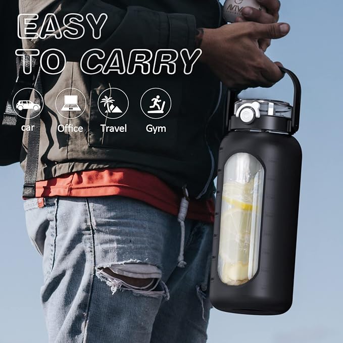 BLUEGO 64oz Glass Water Bottles with Straw Time Marker Half Gallon Large Motivational Water Bottle with Silicone Sleeve 2 Liter Large Glass Water Jug Daily, Black