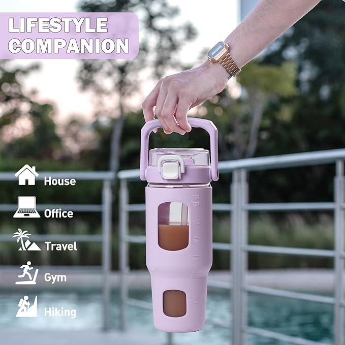 BLUEGO 32oz Glass Tumbler with Lid and Handle, Iced Coffee Cup with Straws, Glass Water Bottle with Silicone Sleeve and Volume, Marker Glass Cup with Time Marking, BPA Free, Purple