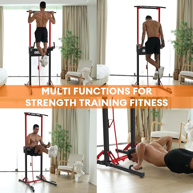 ONETWOFIT Foldable Power Tower Pull Up Bar Station, Multi-Function Adjustable Height Dip Station for Home Gym Workout, Strength Training Fitness Equipment, Pull Up Stand