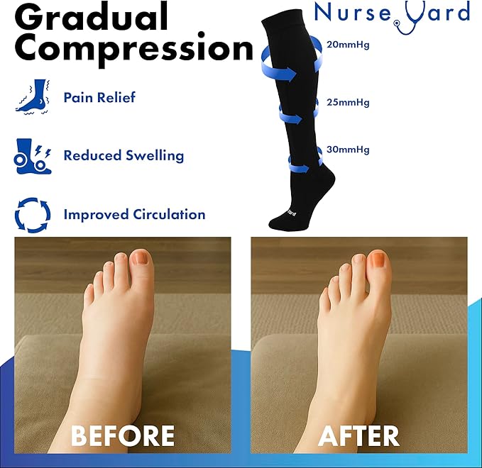 Compression Socks - Unisex, 20-30mmHg, Black, Solid, Medical Compression, Nurses, Athletes, Active Individuals