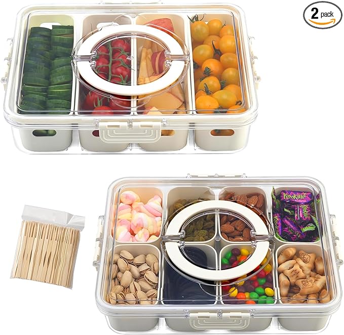 Divided Serving Tray with Lid & Handle| Multi-Purposed Snackle Box Bundle 8ct & 4ct Dividers 20pc Mini Forks| Snackle Box Container for Fruits Nuts Candy Charcuterie Platters Road Trips Picnics