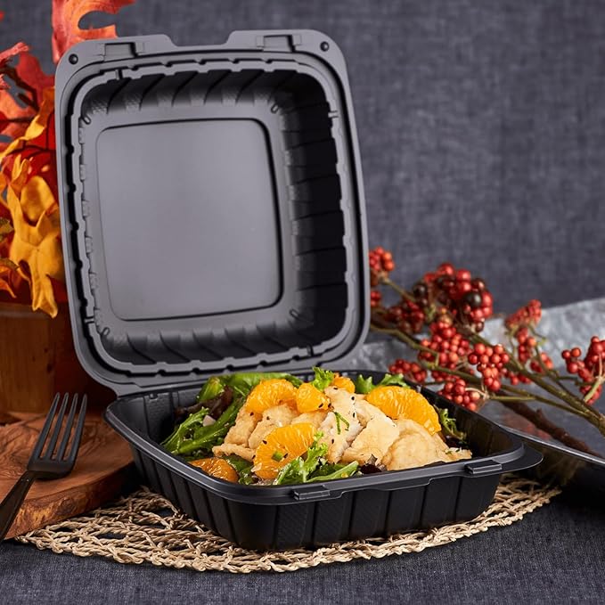 KARAT EARTH Clamshell Take Out Food Containers [8"x8" - 200 ct] To Go Containers | Microwavable, Freezer Safe, Soak-Resistant, Durable, Stackable | Vented for Hot/Cold Foods, Black