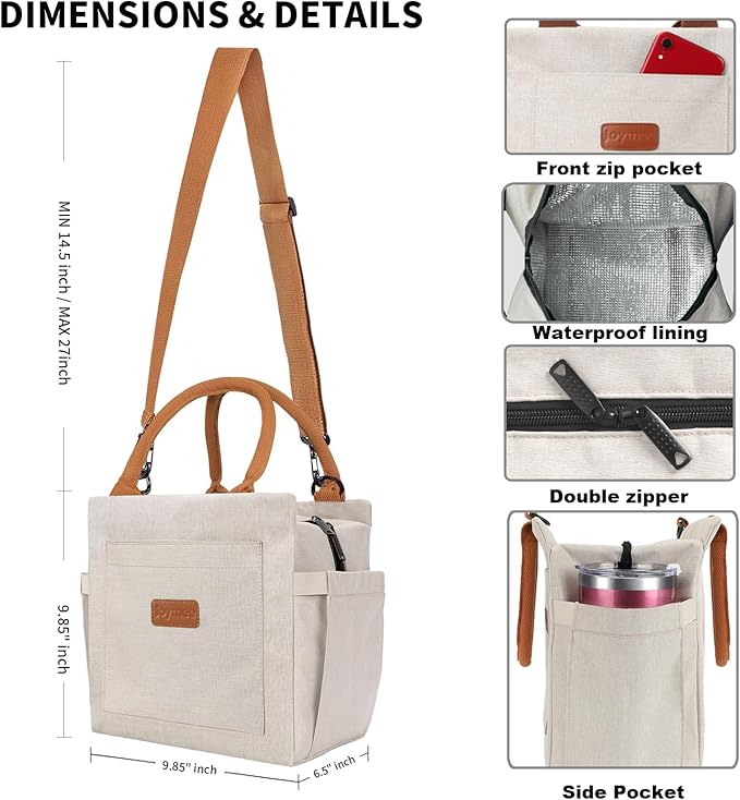 Joymee Lunch Bag Women Insulated Lunch Box with Adjustable Shoulder Strap Large Reusable Leakproof Spacious Cooler Tote for Women Men Adult with Bottle Holder and Side Pockets - Beige