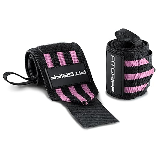 Fitgriff® Wrist Wraps for Weightlifting (18") Heavy-Duty Support for Gym, Bench Press, and Pushups (1 Pair) - for Men and Women (Black/Pink)