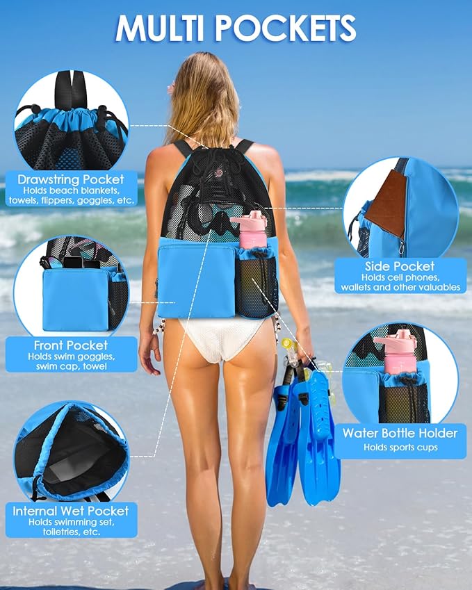 BROTOU Swim Bag Beach Backpack with Wet Pocket Mesh Drawstring Bags for Swimming, Gym
