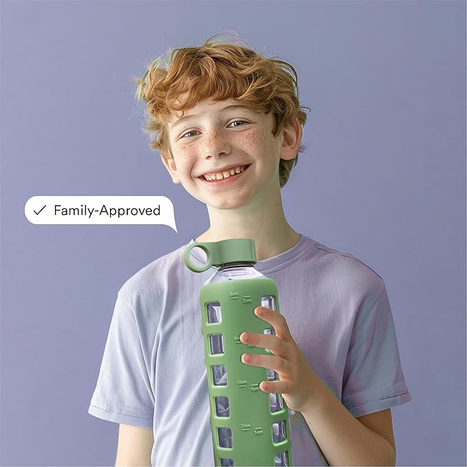 purifyou 40oz / 32oz / 22oz / 12oz Borosilicate Glass Water Bottle with Time & Volume Markers, Silicone Sleeve, Stainless Steel Lid | Reusable Glass Bottle for Water & Juice (32oz Shale Green)