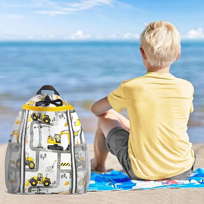 WAWSAM Kids Gym Drawstring Backpack String Bag, Truck Sports Gym Bag for Kids Boys Waterproof Swimming Beach String Cinch Backpack with Two Water Bottle Pocket