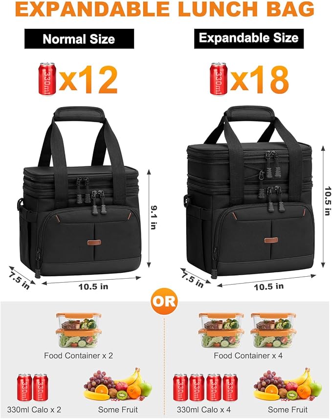 Lunch Box For Men Women Double Deck Insulated Lunch Bag For Men Woman Leakproof Expandable Cooler Bag with Adjustable Shoulder Strap for Work Picnic School(Black,Medium)